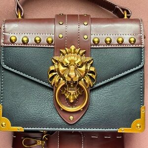 Brown and Black Leather Bag with Gold Accents